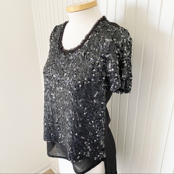 NWT Alberto Makali Black Sequin Sheer Short Sleeve Shirt Top Size Medium - Picture 2 of 13